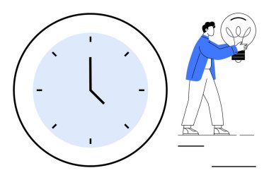 Zaman yönetimini, yaratıcılığı, yeniliği, verimliliği, problem çözmeyi, teslim tarihlerini ve planlamayı sembolize eden ampul taşıyan kişiyle birlikte büyük bir saat. Basit düz metafor için ideal