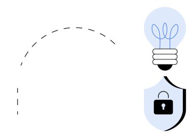 Minimalist kalkanlı ampul ve kilit sembolü koruma, fikir ve veri güvenliğini vurguluyor. Teknoloji, yenilik, siber güvenlik, fikri mülkiyet, güvenli çözümler, akıllı