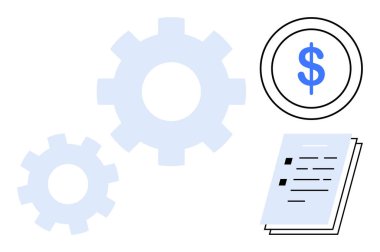 İkonalar, çemberin içinde mavi dolar simgesi ve istiflenmiş belgeler finansal süreçleri, iş operasyonlarını ve stratejik planlamayı gösteriyor. Finans, yönetim, iş, verimlilik için ideal