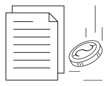 Bozuk paranın yanında, maddi değeri, sözleşmeleri ya da bütçeyi simgeleyen satırları olan bir kağıt. Finans, muhasebe, yasal anlaşmalar, yatırım, muhasebe tasarruf temaları için ideal. Temiz daire