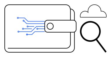 Devre kartı tasarımı, bulut ve büyüteç içeren cüzdan dijital finans, veri güvenliği ve analizi temsil ediyor. Fintech, bulut hesaplama, dijital ödeme, blok zinciri siber güvenlik için ideal