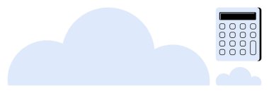 Veri depolama, işleme ve finansal hesaplamaları vurgulayan büyük bulut ve hesap makinesi. Bulut hesaplama, teknoloji, veri analizi, finans, yenilik, dijital çözümler için ideal basit düz