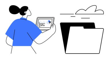 Dizüstü bilgisayarında veri analiz eden bir kadın, klasörün üstündeki bulut simgesi. Bulut depolama, dijital organizasyon, dosya paylaşımı, veri yönetimi, uzaktan çalışma, takım çalışması teknolojisi eğitimi için ideal. Basit düz