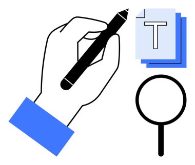 El ele yazma, büyük harfli bir yığın belge, yakınlarda büyüteç. Düzenleme, düzeltme, yazma, arama, araştırma, içerik oluşturma için ideal basit iniş sayfası