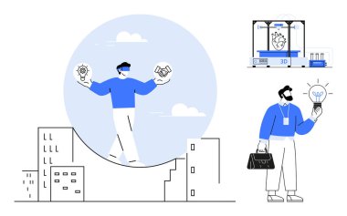 Fikir ve ortaklık simgeleri taşıyan grafikte yürüyen bir adam, kalp tasarımlı 3D yazıcı, ampulü denetleyen başka bir adam. İş için ideal, yenilik, yaratıcılık, takım çalışması, liderlik