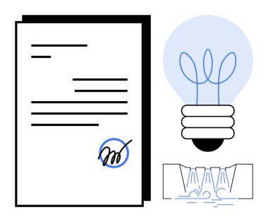 Yenilik, anlaşma ve ilerlemeyi sembolize eden yaprak ve su kanalları büyüten bir ampulle imzalanmış belge. İş için ideal, yaratıcılık, sürdürülebilirlik, yasal, fikirler, üretkenlik basit düz