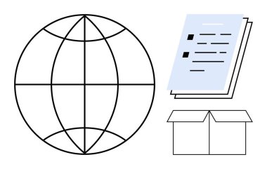 Küresel iletişim, belge, depolama ve organizasyonu sembolize eden dünya ana hatları, istiflenmiş belgeler ve açık kutular. Lojistik, eğitim, küreselleşme işbirliği veri paylaşımı için ideal