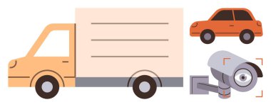 Teslimat kamyonu, araba ve güvenlik kamerası lojistik güvenliği, ulaşım izleme, hırsızlık önlemeyi sembolize ediyor. Nakliye, ulaşım, güvenlik lojistik gözetim teslimatı için ideal. Basit düz