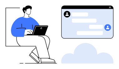 Yanında bir sohbet penceresi yüzerken dizüstü bilgisayarda çalışan bir adam. İletişim için ideal, uzak çalışma, mesajlaşma, teknoloji, ağ, çevrimiçi bağlantı, basit iniş sayfası