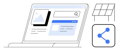 Arama çubuğu, resim, web sitesi tasarım bileşenleri, güneş paneli ve ağ simgesiyle dizüstü bilgisayar ekranı. Sürdürülebilirlik için ideal, çevrimiçi araçlar, ağ oluşturma, teknoloji eko-bilinç basit yenilik