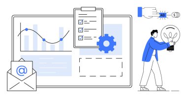 Ekranda grafik, panoda kontrol listesi, vites simgesi, e-posta zarfı, ödeme eli, ampul tutan kişi. Dijital pazarlama, yenilik, analitik iletişim planlama verimliliği için ideal