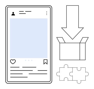 Sosyal medya şablonu, açık kutuyu gösteren ok, iki uygun yapboz parçası. İçerik oluşturma, pazarlama, strateji, takım çalışması, problem çözme, işbirliği yaratıcılığı basit düz
