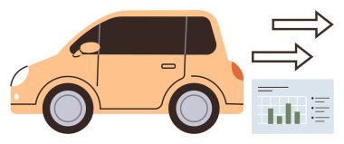 Hareket eden iki ok ve verimliliği analiz eden bir performans çizelgesi ile birlikte kompakt araba. Teknoloji, ulaşım, sürdürülebilirlik, enerji, yenilik, ilerleme, iş için ideal. Çok basit.