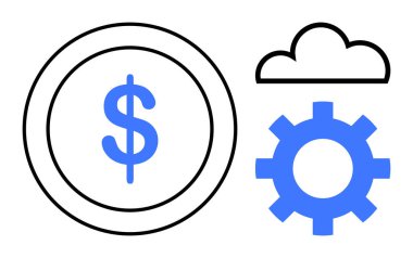 Mavi vites simgesi ve bulutun yanında dolar işareti var. Finans, teknoloji, iş dünyası, bulut hesaplama, yenilik, süreç otomasyonu veya fintech ile ilgili temalar için idealdir. Temiz daire