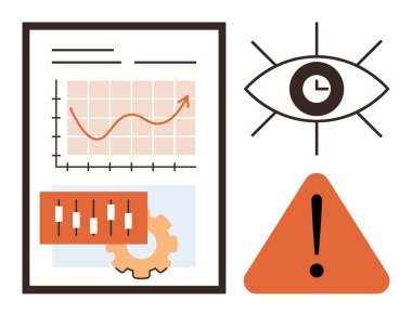 Yukarı doğru momentumlu grafikler, vitesli kaydırma sürgüleri, göz ve saatin yanında uyarı işareti. Analiz, risk yönetimi, izleme, finans, strateji, optimizasyon alarmı için ideal