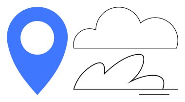 Mavi lokasyon, en düşük bulut ve dalga çizgisi yanında. Navigasyon, seyahat, hava, çevre, açık hava, yer belirleme ve teknoloji için ideal. Basit düz metafor