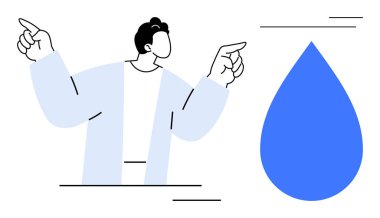 Hareketli ve odaklı dinamik çizgilerle büyük mavi bir su damlasına doğru hareket eden kişi. Suyun korunması, sürdürülebilirlik, çevre, farkındalık, eğitim, yaratıcılık, basit