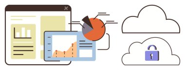 Çizelgeler, istatistikler, tarayıcı penceresi ve güvenli bulut görselleştirme veri yönetimi, analiz ve koruma. Teknoloji, güvenlik, veri depolama araştırma işi için ideal. İstatistikler basit.