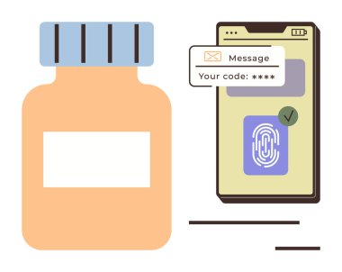 Doğrulama işaretli parmak izi tarayıcısı, kod mesajı ve ilaç şişesi olan akıllı telefon görüntüsü. Güvenlik, sağlık, şifre koruması, kimlik, teknoloji ve mesajlaşma için ideal