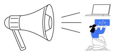 Bir dizüstü bilgisayara ve geliştiriciye yayın yapan megafon. Kodlama ekranı ile etkileşimde. Teknoloji, iletişim, pazarlama, işbirliği, dijital yenilik, takım çalışması, basit iniş sayfası için ideal