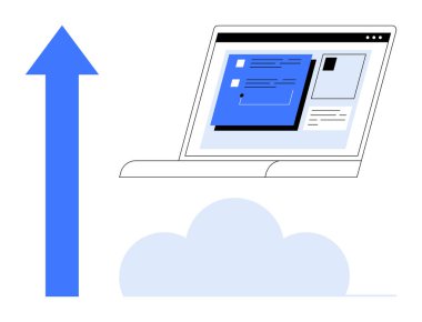 Belgeli dizüstü bilgisayar ekranı ve bir bulutun üzerinde yukarı bakan mavi ok. Teknoloji, bulut depolama, veri yönetimi, yenilik, verimlilik, dijital dönüşüm ve ilerleme için ideal. Basit.