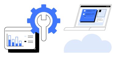 İngiliz anahtarı, analitik torpido gözü ve bulut üzerinden bağlı bir laptop. Teknoloji, yazılım, bulut hesaplama, analitik, bilişim çözümleri, veri işleme ve yenilik için idealdir. Basit düz metafor