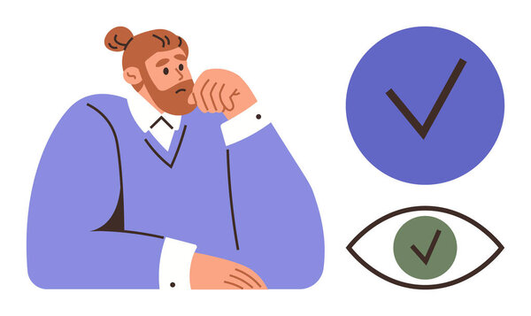 Бородатый человек лежит подбородок на руке, размышляя рядом с синей галочкой и зелеными иконами глаз. Идеально подходит для принятия решений, одобрения, суждения, концентрации, навязчивости, ответственности и концепций личностного роста