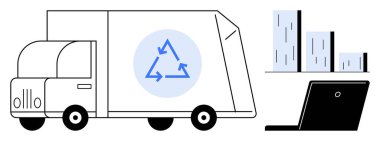 Geri dönüşüm simgesine sahip kamyon çubuk grafikler ve dizüstü bilgisayarlarla çevrili, sürdürülebilirliği sembolize eden, çevre dostu lojistik, veri analizi, yeşil işletme, geri dönüşüm, çevre bilinci, basit düz metafor