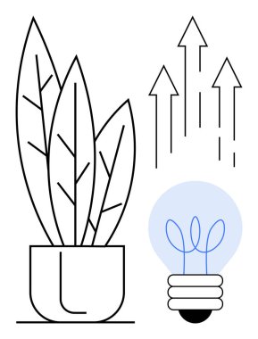 Büyümeyi sembolize eden saksı bitkisi, yenilikçi fikirler için ampul, ilerleme için yükselen oklar. Çevre, sürdürülebilirlik, yenilik, büyüme, ilham stratejisi başarı temaları için idealdir. Temiz