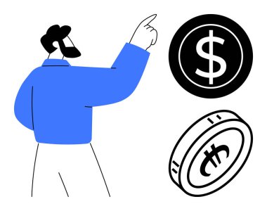 Dolar ve kripto parayı işaret eden adam finans, zenginlik ve yatırımları vurguluyor. Ekonomi, mali planlama, kripto para birimi, iş büyümesi, bütçe yönetimi için ideal