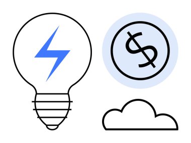 Ampulün içinde mavi yıldırım, dairenin içinde dolar işareti ve bulut simgesi. Enerji verimliliği, finans, bulut teknolojisi, yenilik, iş stratejisi, yenilenebilir enerji eko çözümleri için ideal