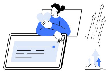 Tabletin yanında kalbine mesaj ve yükselen oklarla sarılan bir kadın. Bağlantı, büyüme, aşk, teknoloji, ilerleme, çevrimiçi iletişim, kişisel gelişim için ideal. Temiz, düz metafor