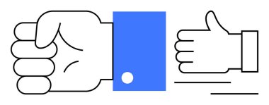 Mavi manşetli, kalın yumruklu ve baş parmaklı karşıt eylemleri vurguluyor. Karar verme, liderlik, motivasyon, onay, anlaşmazlık, takım çalışması, basit iniş sayfası için ideal