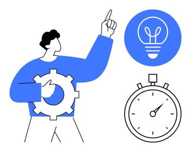 Fikir simgesini gösteren teçhizat tutan kişi, zamanı vurgulayan kronometre. Yenilik, yönetim, karar verme, üretkenlik, planlama, süreçler için ideal, basit iniş sayfası