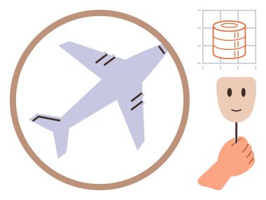 Çerçevelenmiş bir uçak, elle tutulan gülen yüz maskesi, yığın grafiği. Seyahat, havacılık, duygu, veri görselleştirme, kimlik teknolojisi işi için idealdir. Basit düz metafor