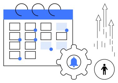 Mavi röfleli takvim ızgarası, hatırlatıcı dişli, insan simgesi, yukarı bakan oklar. Planlama, üretkenlik, organizasyon, zaman yönetimi hedef takip stratejisi geliştirme için idealdir. Basit.