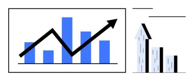 Yukarı doğru ok ile çizilen grafik büyümeyi ve başarı ölçümlerini gösteriyor, daha küçük çubuklar ve yukarı doğru ok ile eşleştiriliyor. İstatistik, performans, pazarlama, iş, analitik, tahmin, basit