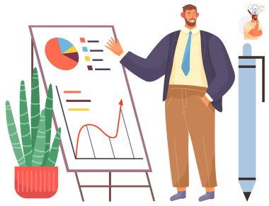 Adam trend grafikleri ve turta grafikleri sunuyor, grafik standının yanında kaktüs kabı, fikir ampulü ile süzülen kalem. Ticari büyüme, analitik, sunumlar, yönetim, eğitim, motivasyon için ideal basit