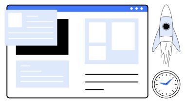 Metin blokları, medya yer tutucuları, roket fırlatma ve saati olan web sayfası düzeni. Üretkenlik, verimlilik, teknoloji, yenilik girişimi web tasarımı geliştirme için idealdir. Temiz düz metafor