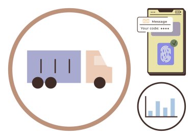 Kamyon hareket halinde, parmak izi ve parola doğrulamalı telefon ve bir bar çizelgesi. Lojistik, dağıtım, güvenlik, kimlik doğrulama, analitik, tedarik zinciri dijital için ideal