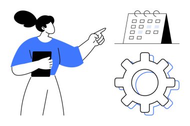 Bir dişlinin yanındaki takvime bakarken elinde tablet olan bir kadın. Proje yönetimi, zaman izleme, programlama, verimlilik, iş akışı, organizasyon, hedef belirleme için ideal. Minimalist düz metafor