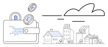 Güneş panelleri olan çevre dostu akıllı şehrin yanında elektronik kripto para birimleri olan dijital cüzdan. Finans, teknoloji, enerji, yenilik, sürdürülebilirlik, gelecekteki kentleşme, dijital için ideal