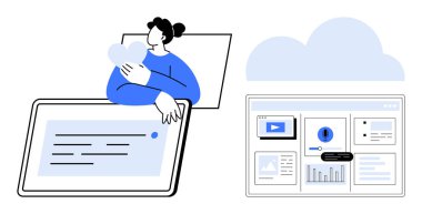 Tablet, bulut grafiği ve sayısal analiz panelinin yanında kalp şeklini koruyan bir kadın. Teknoloji, bulut depolama, bakım, bağlantı, dijital çözümler, veri paylaşımı için ideal