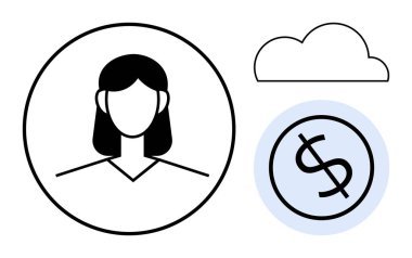 Bulut şekli ve dolar işareti ikonu yakınlarındaki bir dairede dişi avatar. Veri, finans, bulut hesaplama, dijital kimlik, teknoloji, iletişim ve modern iş için ideal, basit düz metafor