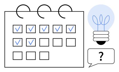 Bir ampul ve soru baloncuğunun yanında işaretlerle dolu bir takvim. Planlama, üretkenlik, yaratıcılık, görev yönetimi, beyin fırtınası, hedef belirleme, zaman yönetimi, basit daire