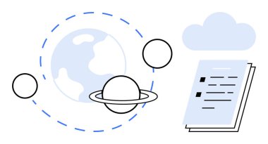 Bir bulut ve dijital belge ile birlikte yörüngede dönen elementlere sahip bir gezegen. Küresel bağlantı, veri paylaşımı, eğitim, teknoloji, yenilik, bulut hesaplama, uzaktan işbirliği için ideal. Basit.