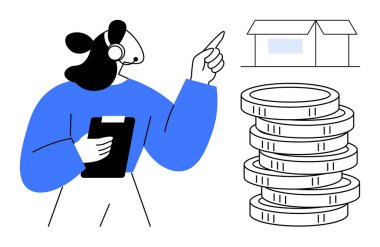 Kulaklık ve not panosuyla istiflenmiş paraların yanındaki küçük bir binayı işaret eden biri. İş planlama, müşteri hizmetleri, finansal danışmanlık, gayrimenkul, yatırım, danışmanlık, basit daire