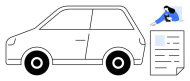 Minimalist araba çizimleri, evrak işleri ve tablet kullanan biri. Ulaşım için ideal, araba kiralama, yasal belgeler, ehliyet yenileme, filo yönetimi, araç sigortası basit iniş sayfası