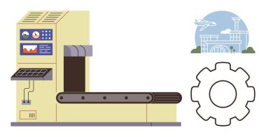 Bagaj tarayıcı devrede, arka planda havaalanı tesisi var, ekipman operasyonu sembolize ediliyor. Seyahat güvenliği, mühendislik, havaalanı yönetimi, ulaşım, lojistik ve teftiş için ideal