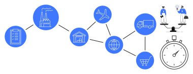 Fabrika, depo, ulaşım, envanter, küresel bağlantı, alışveriş ve kronometreye sahip doğrusal tedarik zinciri. Lojistik, üretim verimliliği planlama yönetimi ticareti için ideal